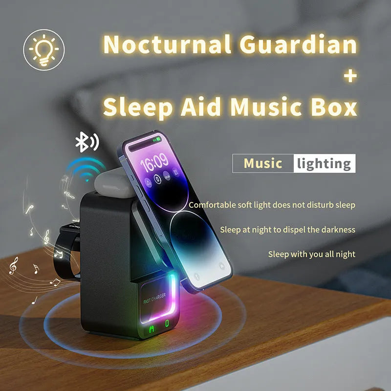 5-in-1 Bluetooth speaker wireless charger in black with QC3.0 fast charge and magnetic support