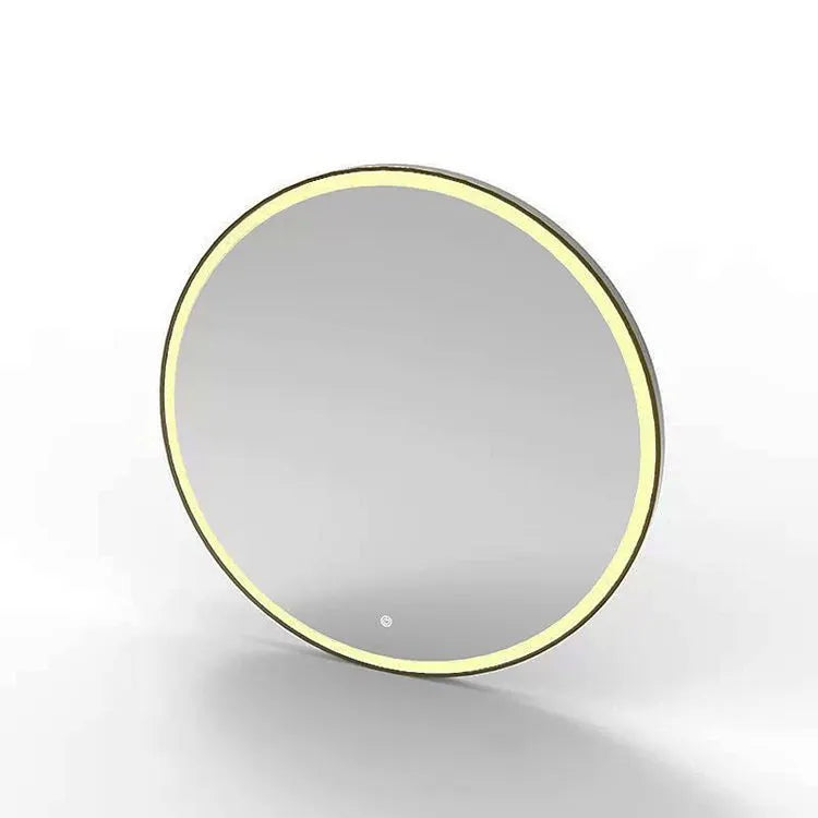 Round black aluminum alloy framed LED bathroom makeup mirror mounted on wall with touch control.