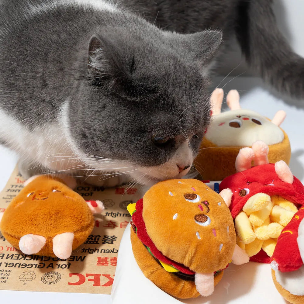 Cat mint plush chew toy set showing hamburger, chicken leg, fries, and hot dog shaped toys for kittens and cats