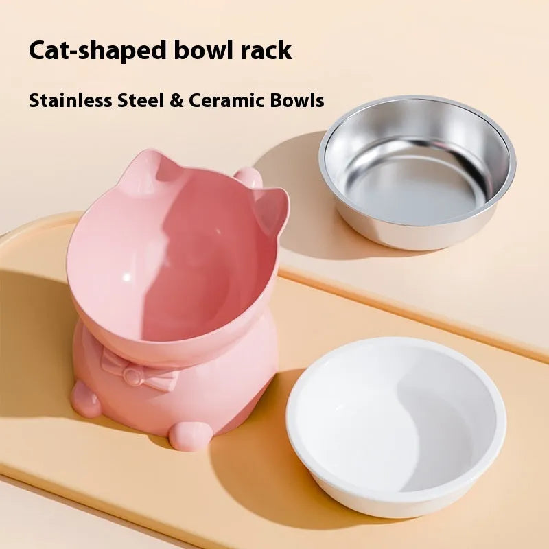 Stainless steel slanted anti-fall cat bowl in black, blue, pink, or yellow colour options.