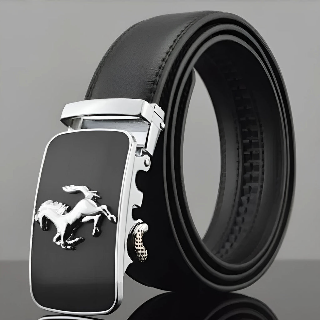 Men's cowhide leather belt with automatic buckle showing leopard print design
