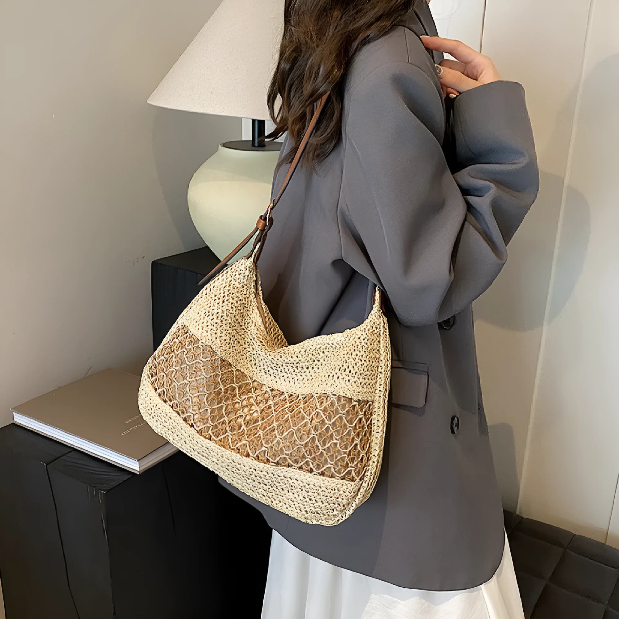 Women's straw cross body bag in khaki or milky white with horizontal square shape and sandwich pocket