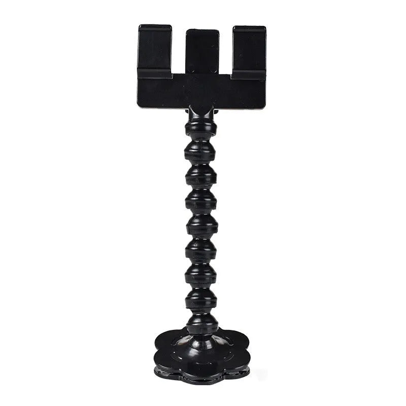 Pet photography selfie stick with clip for snacks in black plastic, showing phone holder and rotatable head