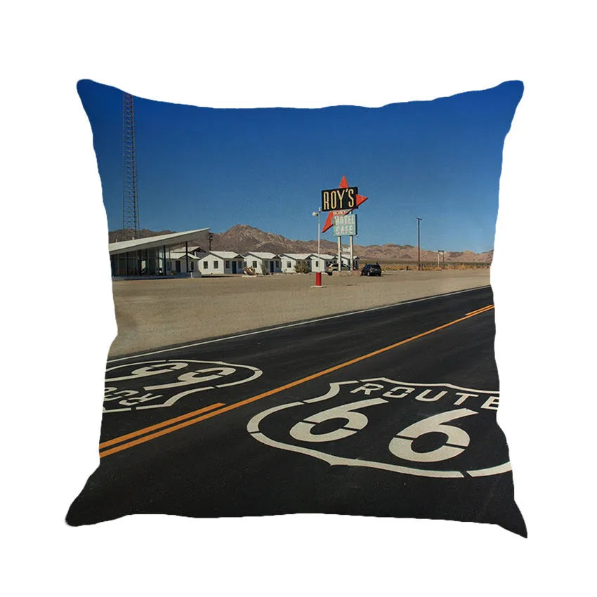 Linen blend cushion cover with Route 66 landscape print in 45 cm square size