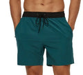 Men's blue running shorts with a drawstring waist and a zippered side pocket.