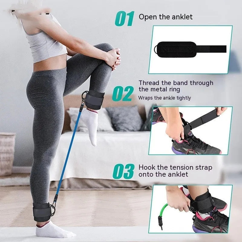 TPE resistance band exercise set with three tension levels and ankle buckle attachments