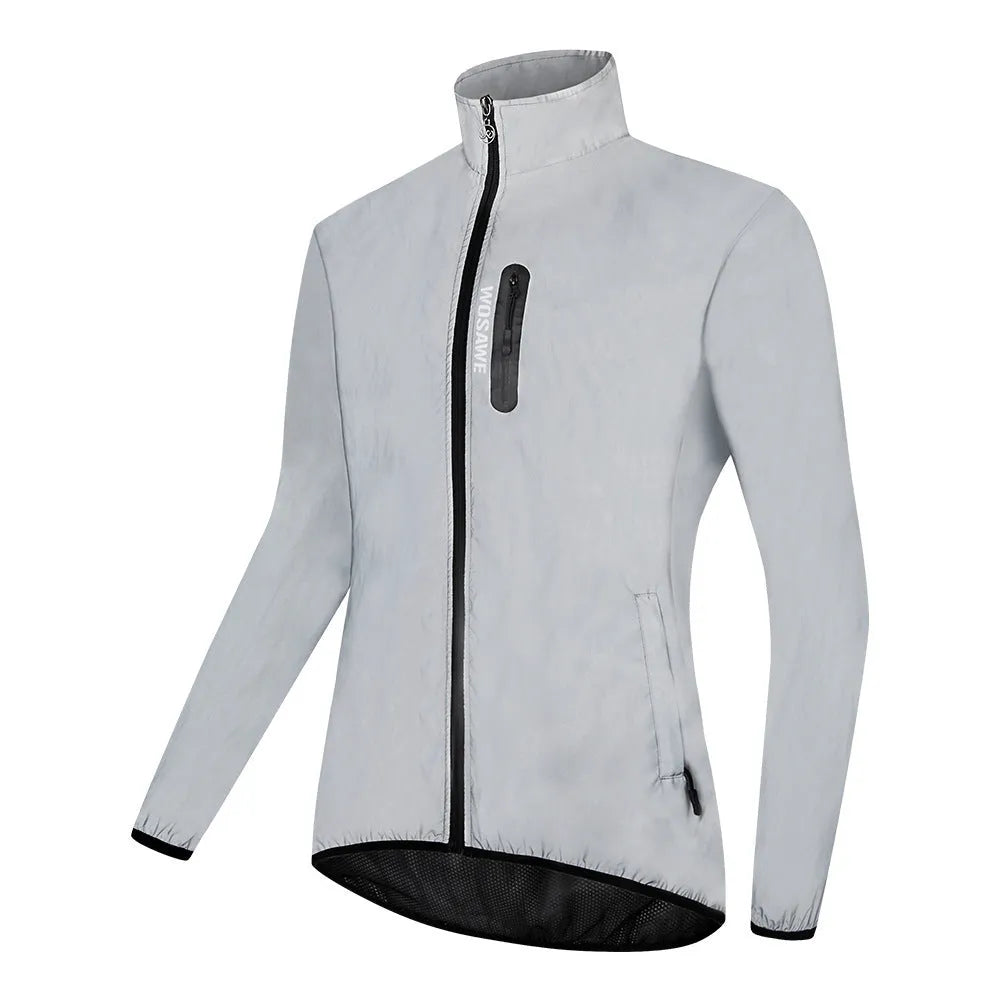 Silver waterproof polyester windproof coat with long sleeves showing Asian and European sizing labels