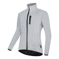 Silver waterproof polyester windproof coat with long sleeves showing Asian and European sizing labels