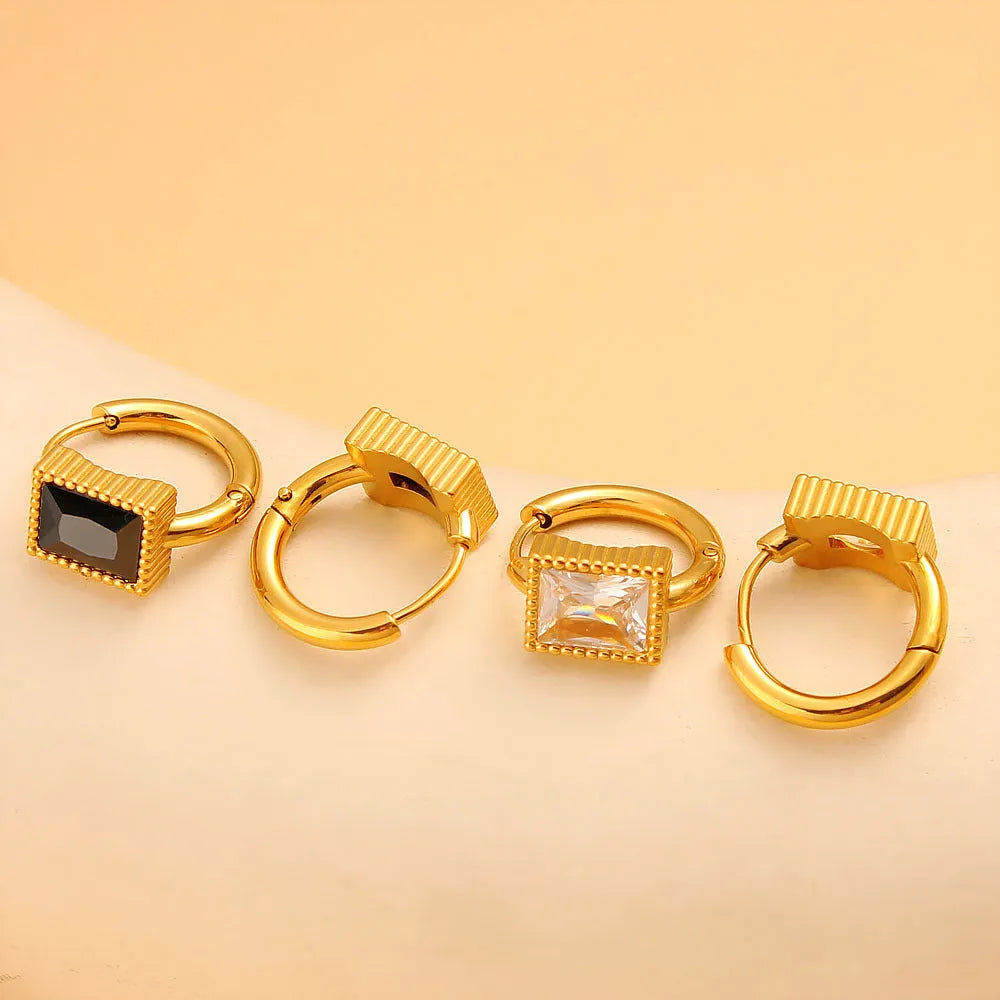 Square zircon stainless steel earrings with geometric design and round ring elements in white, black, or green colours
