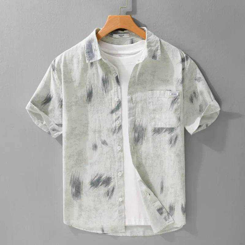 Men's white and light green cotton short sleeve floral print top, loose cardigan style, sizes M to 3XL