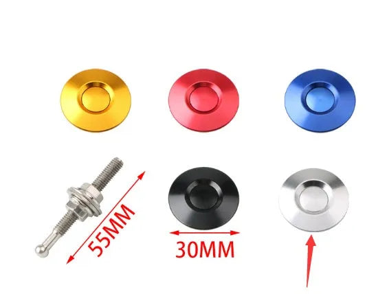 30mm diameter aluminium car engine cover lock with a button head, shown with a 55mm screw, in red finish.