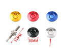 30mm diameter aluminium car engine cover lock with a button head, shown with a 55mm screw, in red finish.