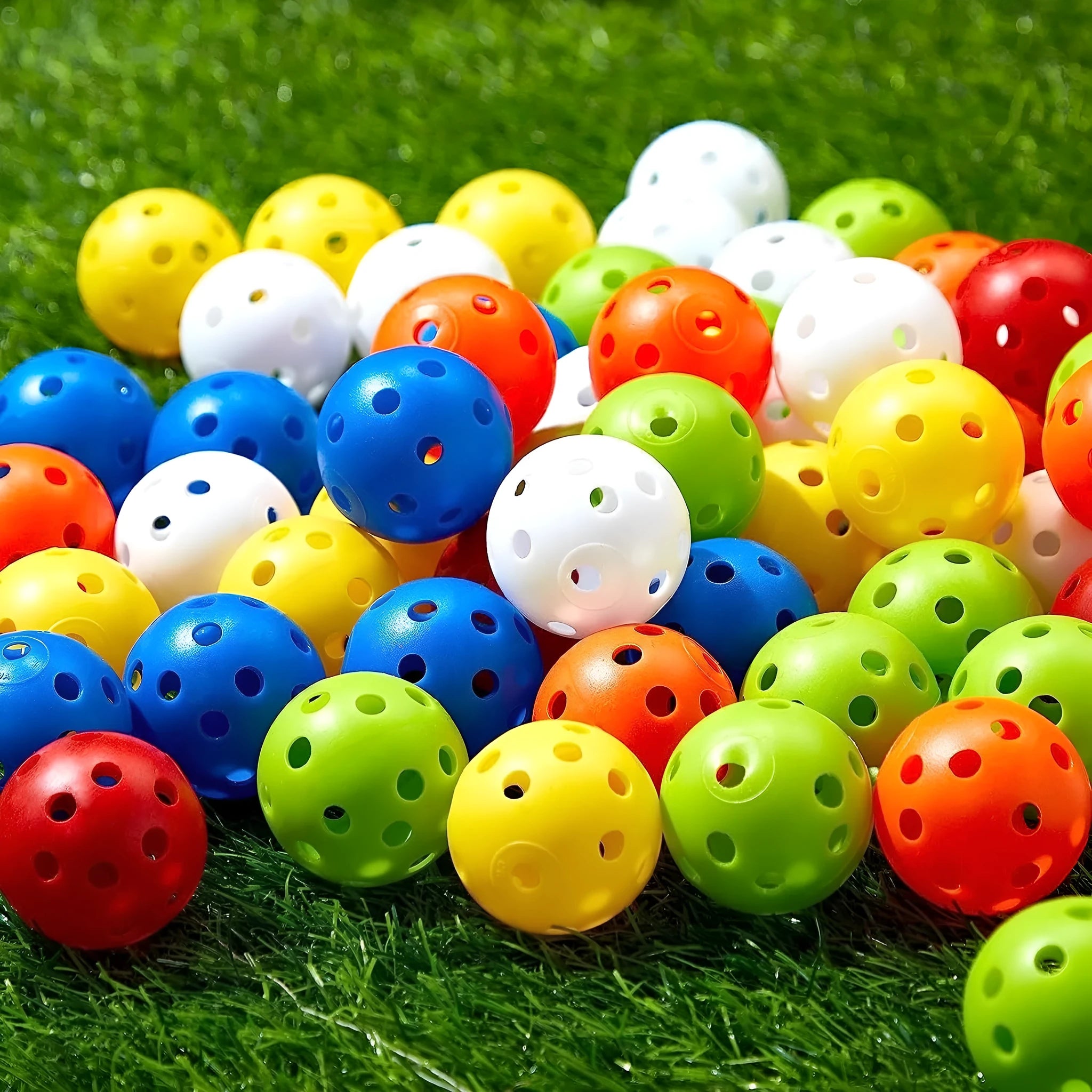Six different coloured golf practice balls showing red, orange, blue, green, white and yellow variations with net bag packaging
