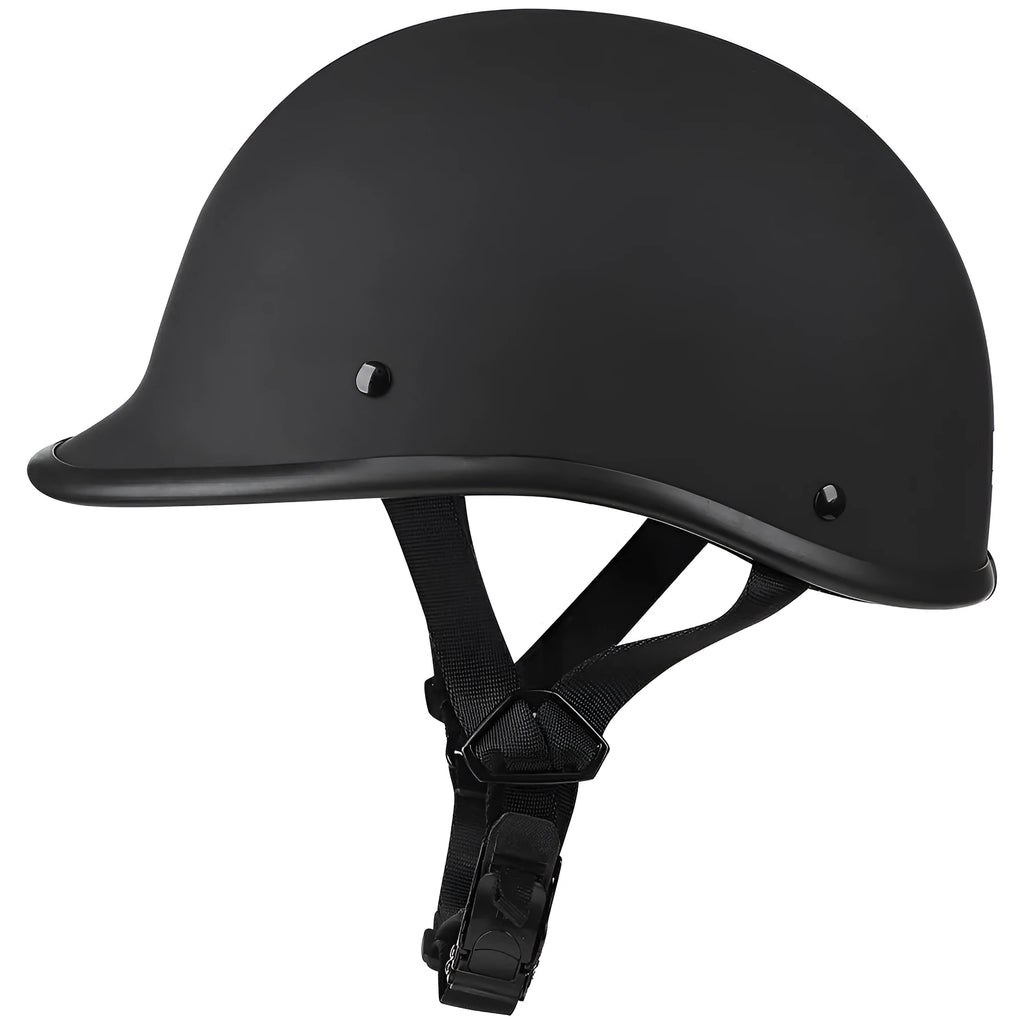 Retro hand curved ABS motorcycle helmet in matte black with visor, side view