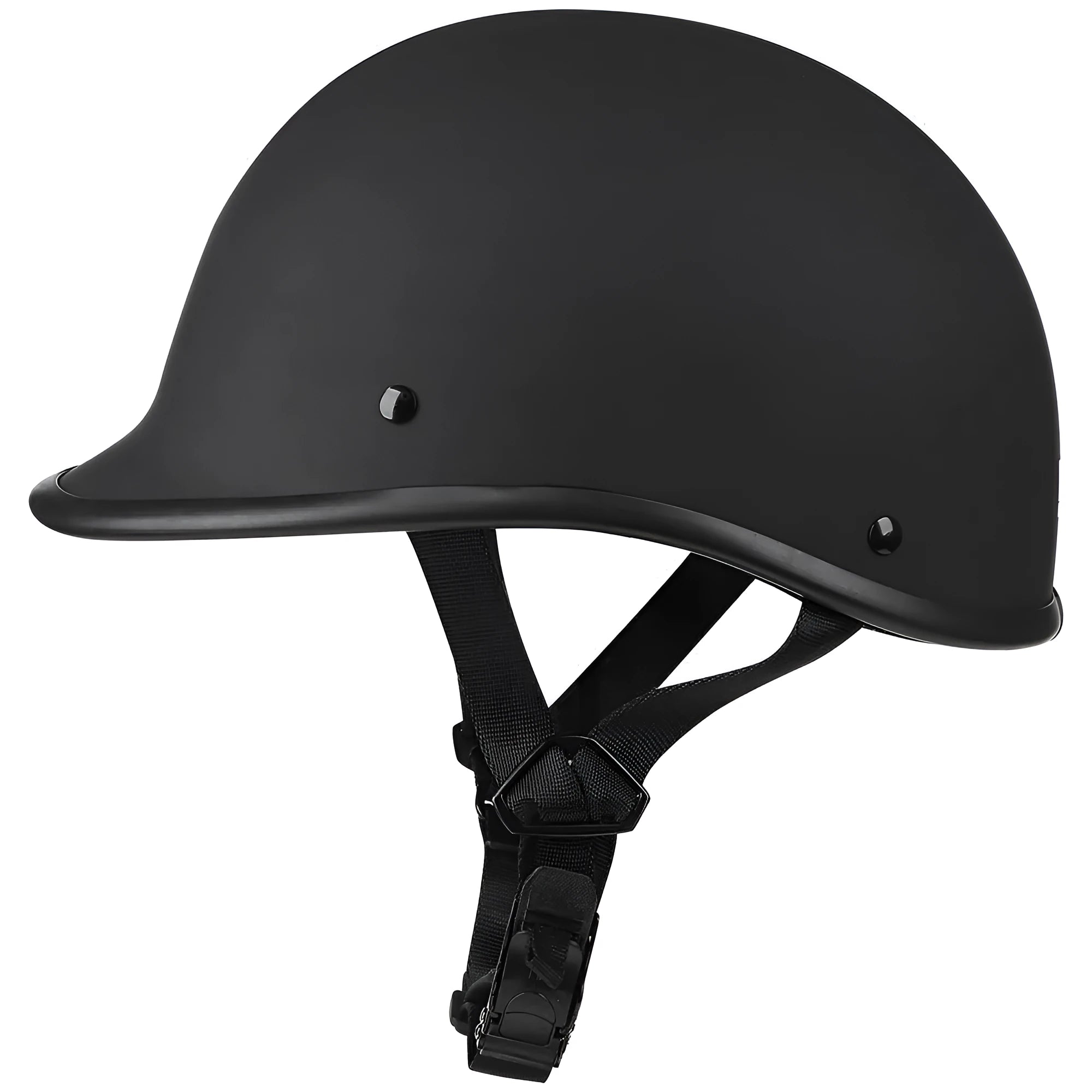 Retro hand curved ABS motorcycle helmet in matte black with visor, side view
