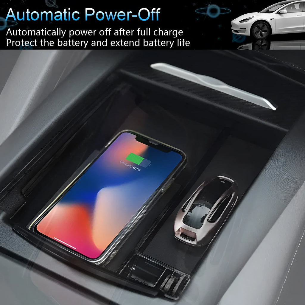 Black ABS wireless charging base stand holding a smartphone on a QI charging pad.