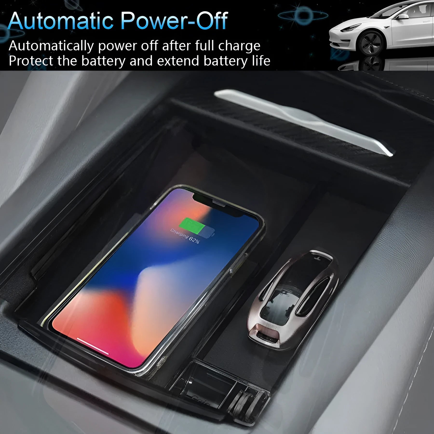 Black ABS wireless charging base stand holding a smartphone on a QI charging pad.
