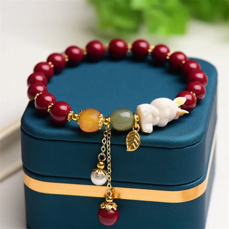 Natural cinnabar rabbit bracelet for women, 8mm or 10mm beads, Tian Yu brand, national style