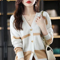 Women's slim-fit V-neck cardigan with 3D striped pattern and button front in assorted colours.