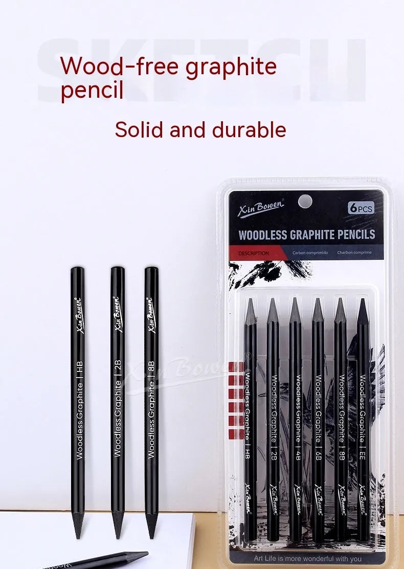 Wood-free graphite art sketching pencils six-piece set with graded hardness options