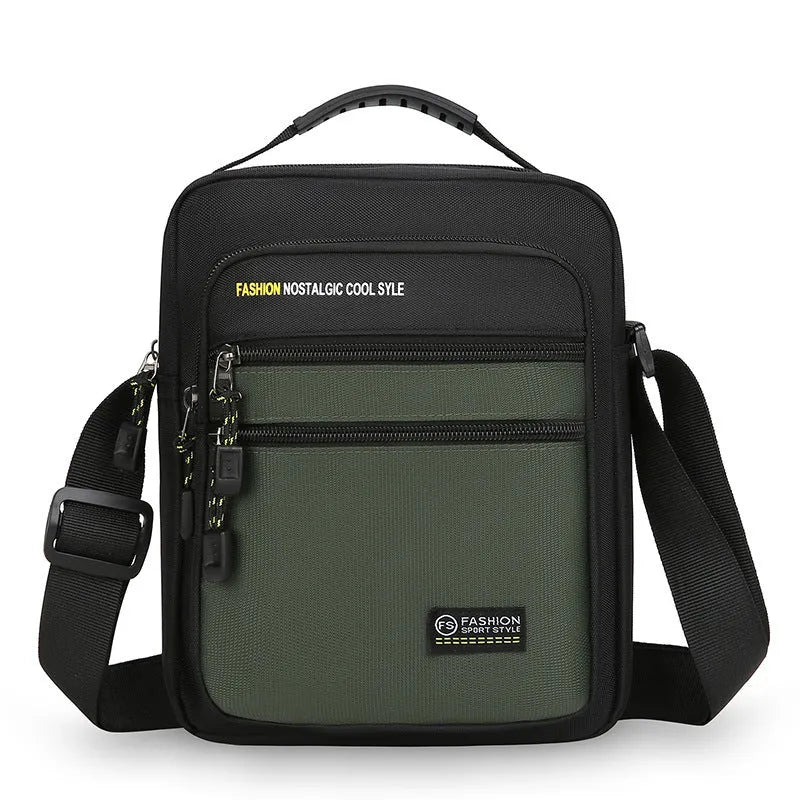 Men's nylon crossbody bag in solid colour with sewing thread detail, waterproof for outdoor commute use