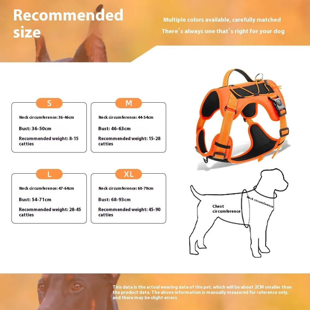 Reflective dog harness with hand-holding rope in PU material showing colour options and sizing