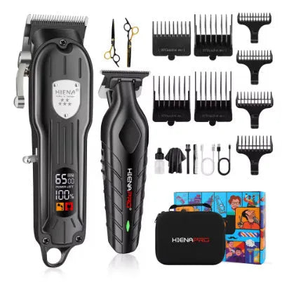 Professional hair clipper set with LCD display and adjustable cutting length in black