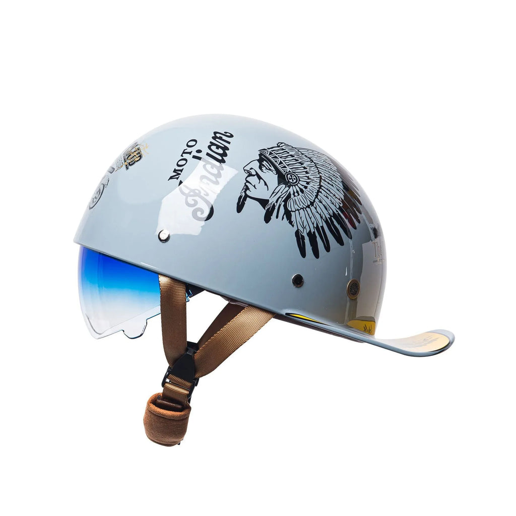 Men's retro half helmet for electric bicycles in bright black gradient blue with contrasting lens