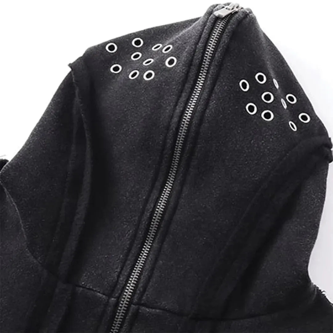 Black loose-fit cotton padded hooded coat with an abstract pattern, front zip, and cardigan style.