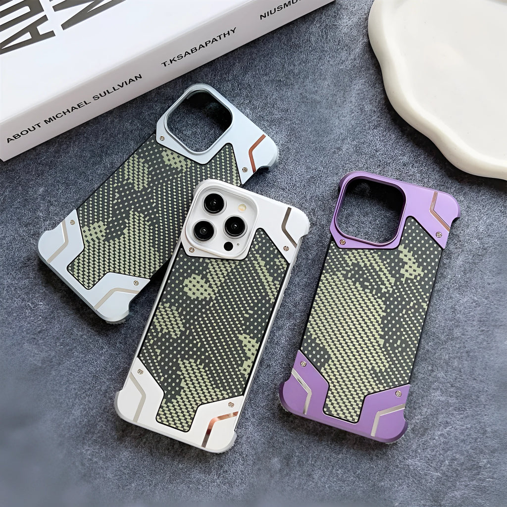 Camouflage carbon fibre pattern aluminium alloy phone case for Galaxy S25 Ultra with magnetic bracket, black colour