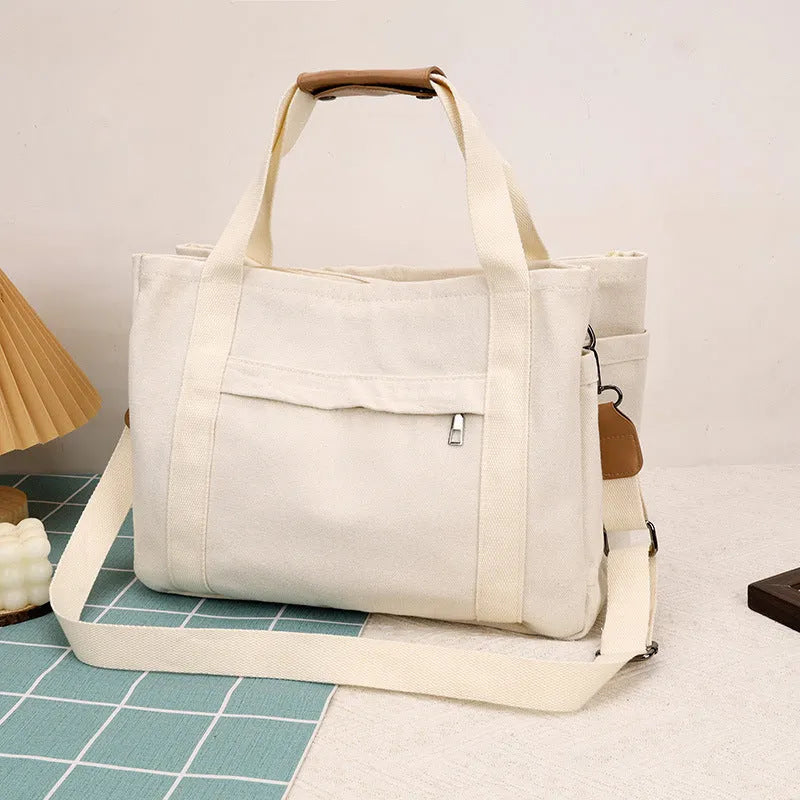 Large capacity canvas tote bag for women with zipper closure, horizontal square shape, in khaki colour