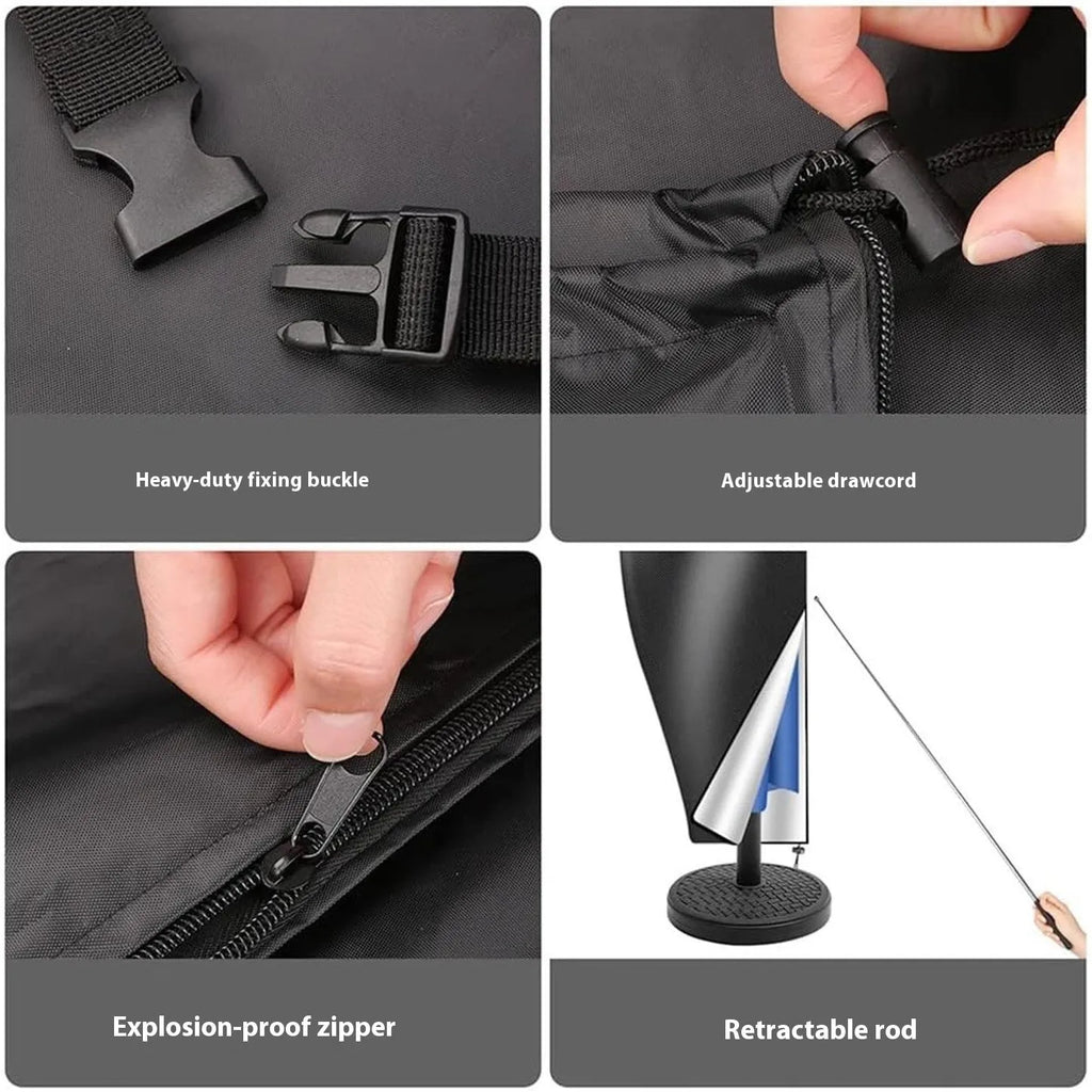 Black Oxford cloth cover for banana-shaped outdoor umbrella showing simple design