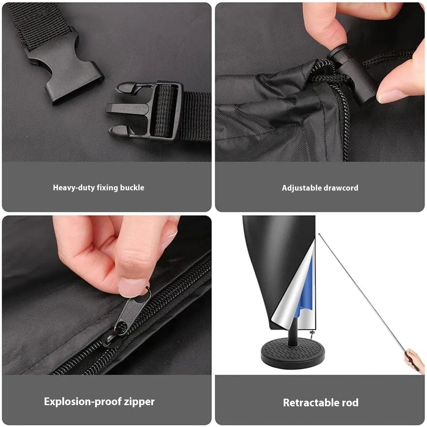 Black Oxford cloth cover for banana-shaped outdoor umbrella showing simple design