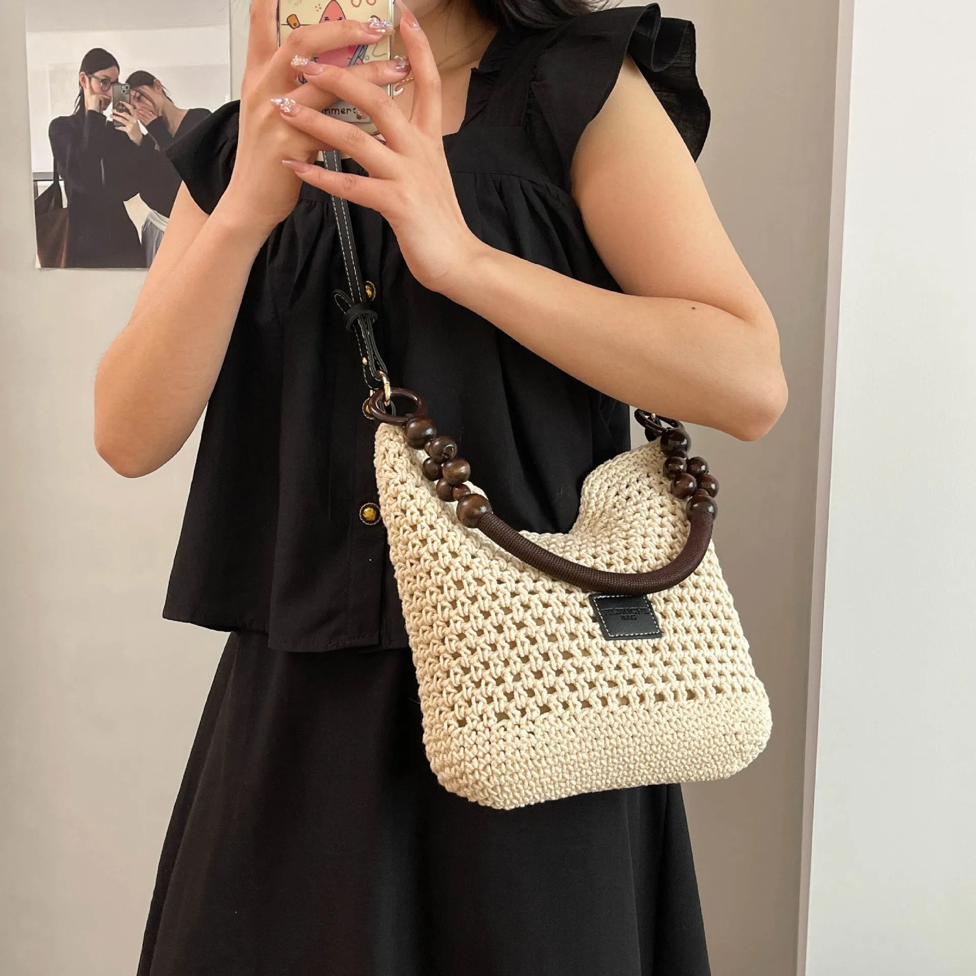 Large knitted tote beach bag with contrast stitching, urban simplicity style, black colour, crossbody strap