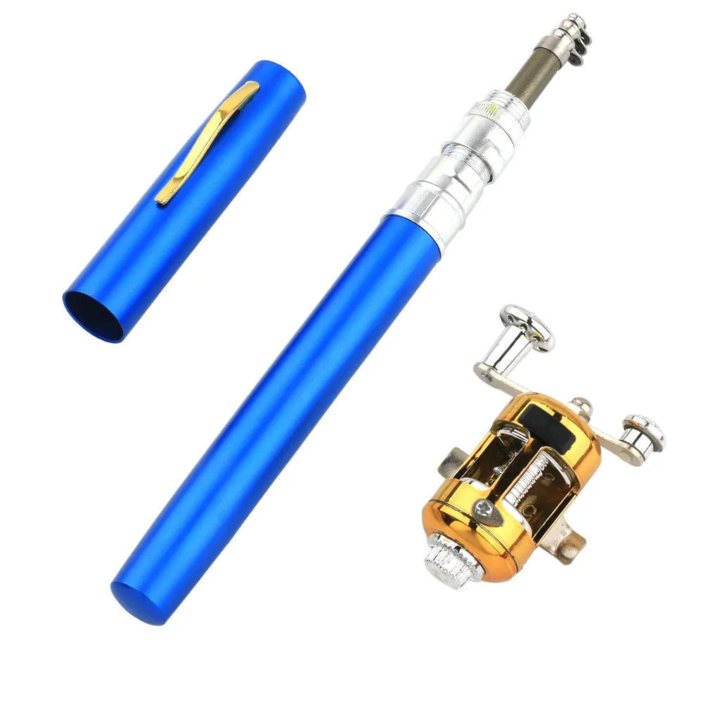 Gold telescopic pen fishing rod kit extended to 1m with plastic reel, collapsed into aluminium case.