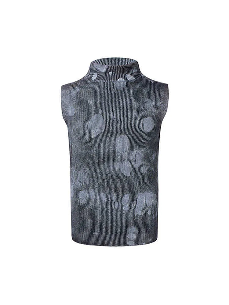 Men's black stretch sleeveless turtleneck with silver pastebrushing texture, stand collar, pullover style