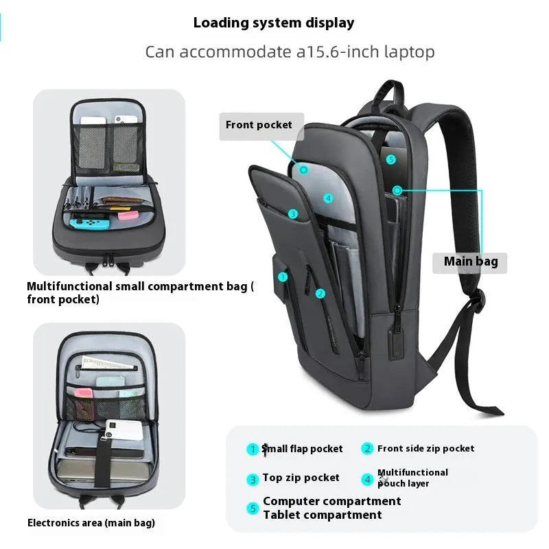 Lightweight Oxford cloth men's backpack in dark grey with sewing line detail