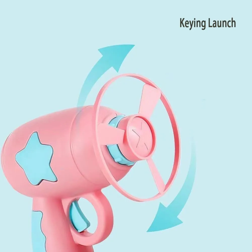 Blue or pink plastic cat toy gun launcher with two coloured frisbees for indoor play.