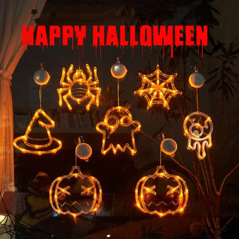 Set of seven Halloween LED hanging lights with spider, pumpkin, and ghost designs for window decoration