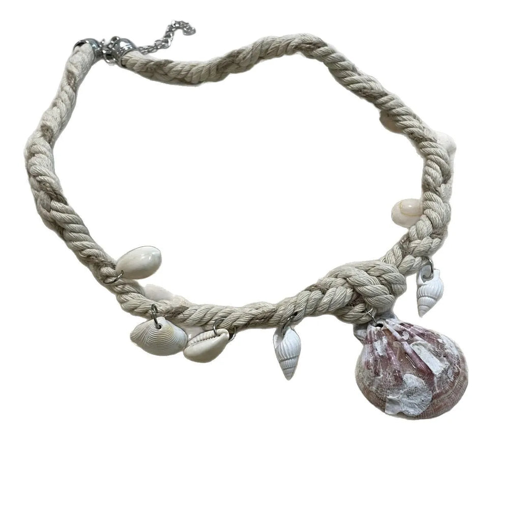 Shell pendant braided rope necklace on collarbone chain, electroplated finish, adjustable 51-60cm circumference