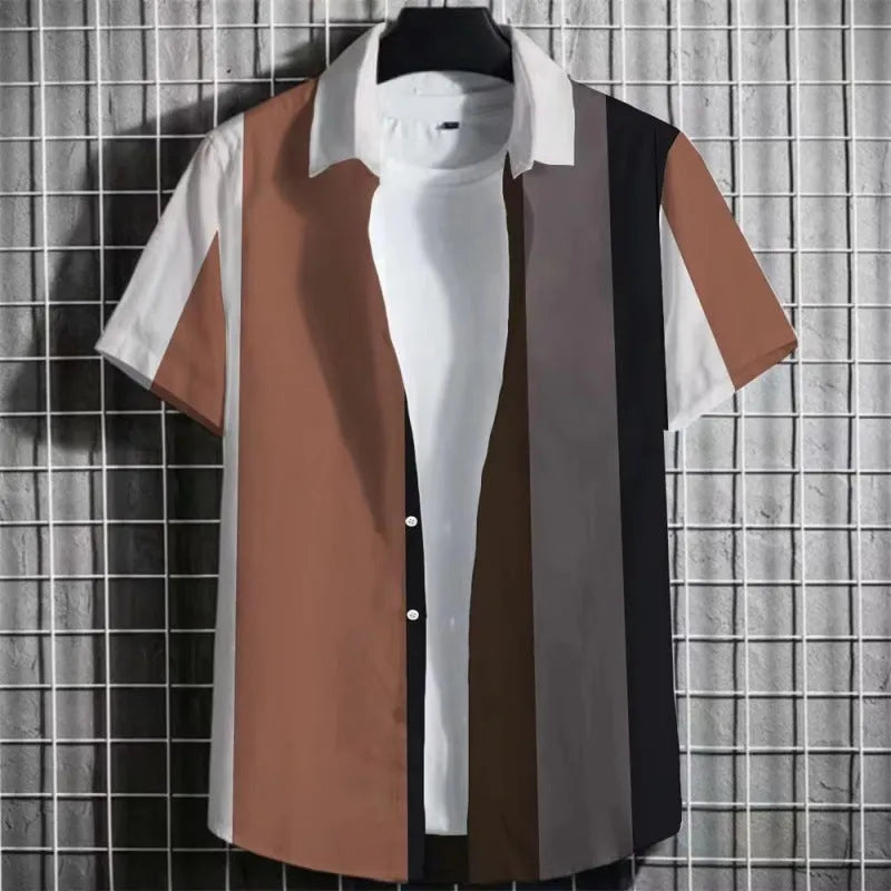 Men's simple striped linen t-shirt with 3D printing, shown in available colours and sizes.