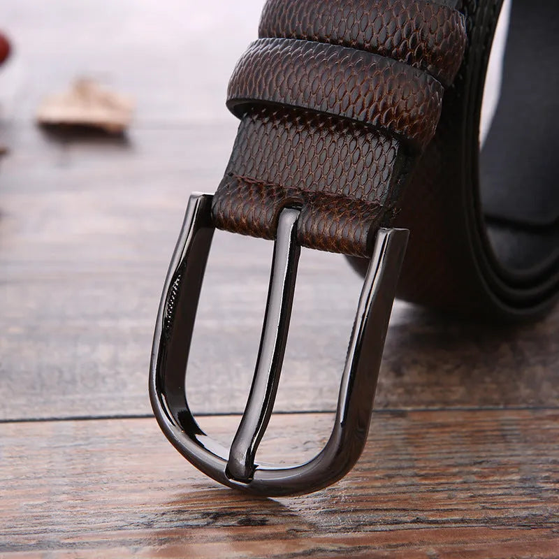 Men's business belt with alloy pin buckle and imitation leather strap in black elephant pattern, 120cm length
