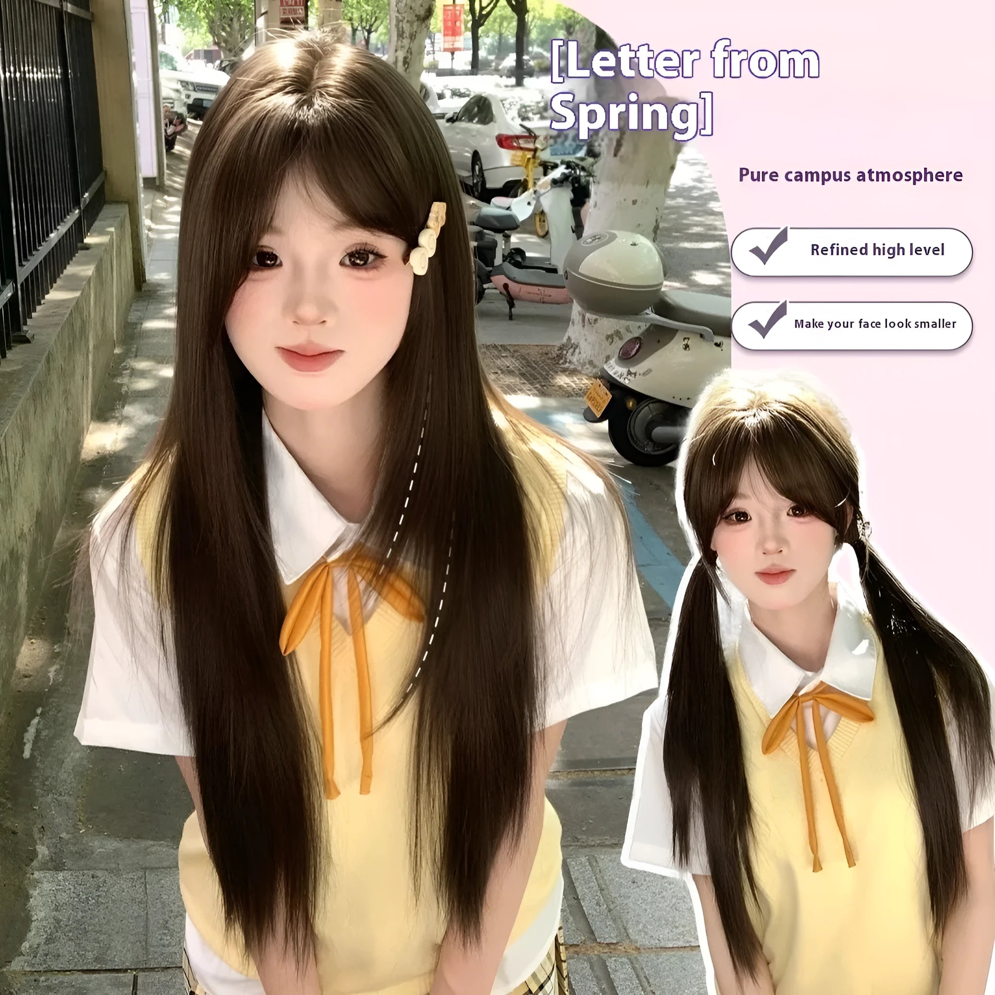 Full repair inner angle long straight hair full-head wig in Cold Brown with side bangs on display