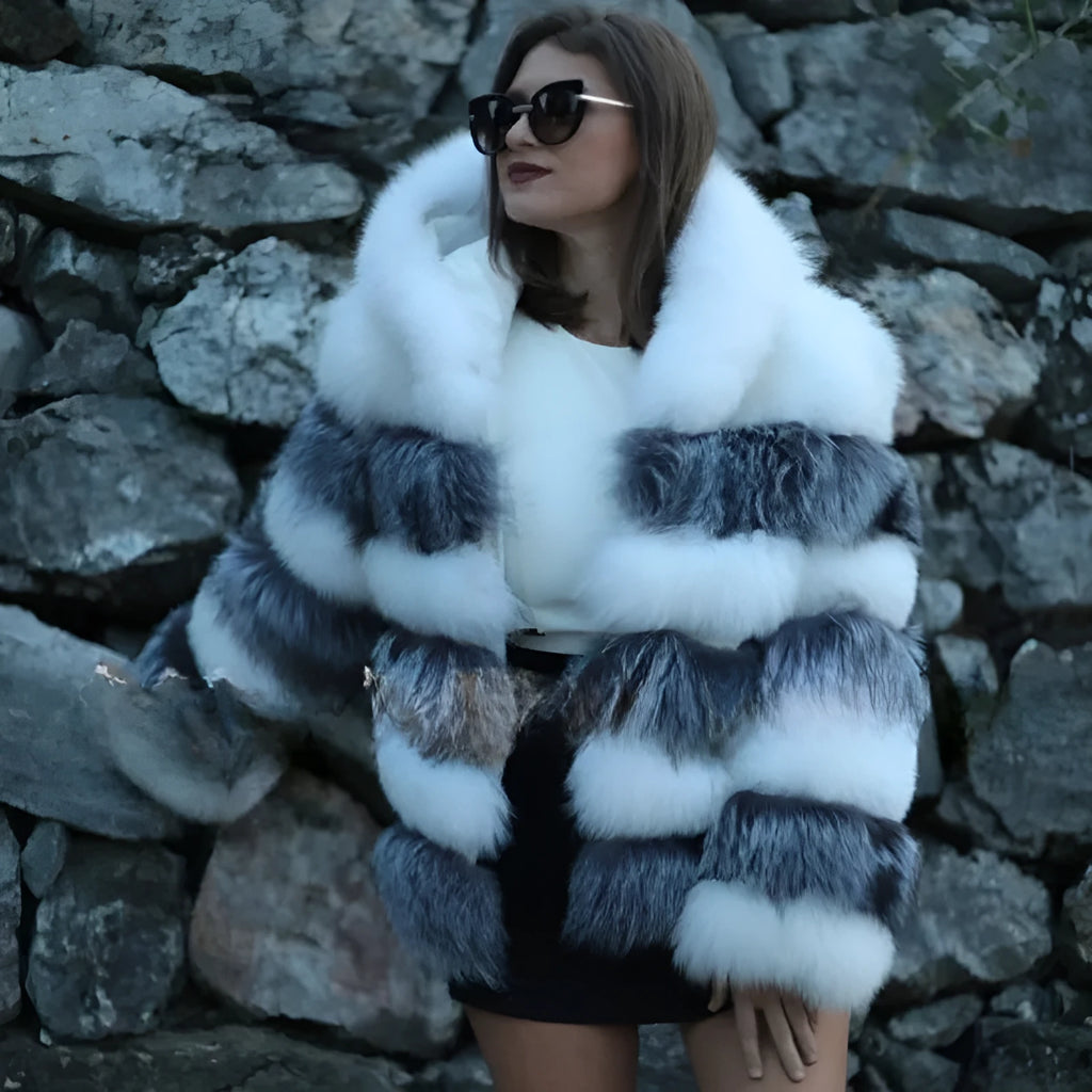 Women's artificial fur hooded coat in street fashion style showing medium 65cm length