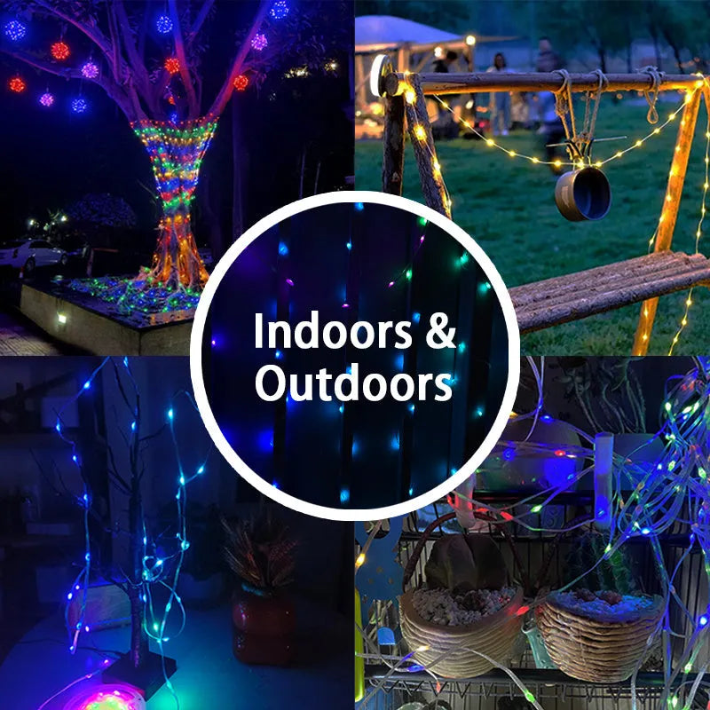 Colourful LED light string with 100 bulbs on a 10-metre wire, showing battery pack and multiple mode settings.