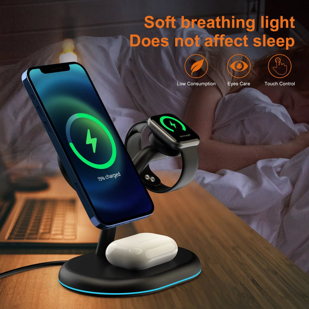 Black magnetic wireless charger with three-in-one function on a simple background.
