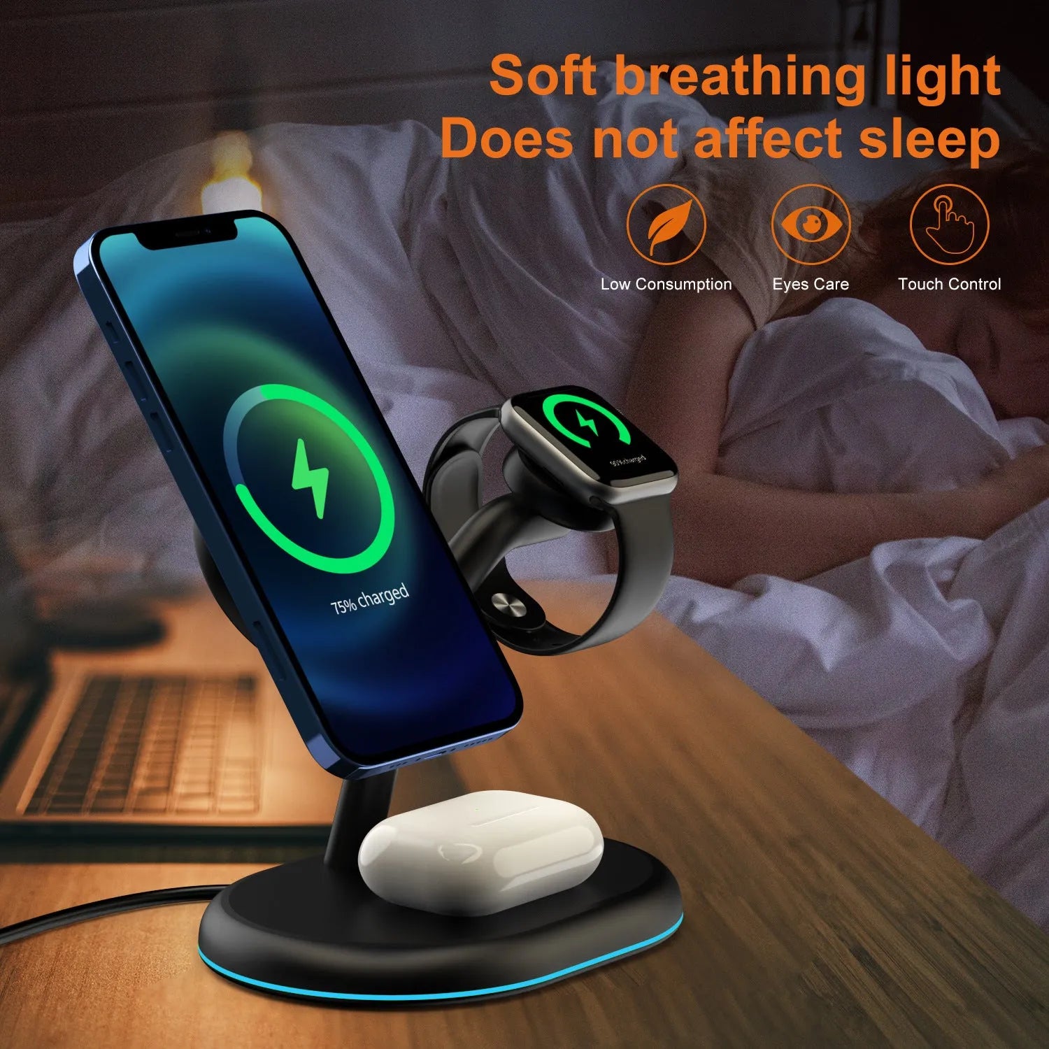 Black magnetic wireless charger with three-in-one function on a simple background.