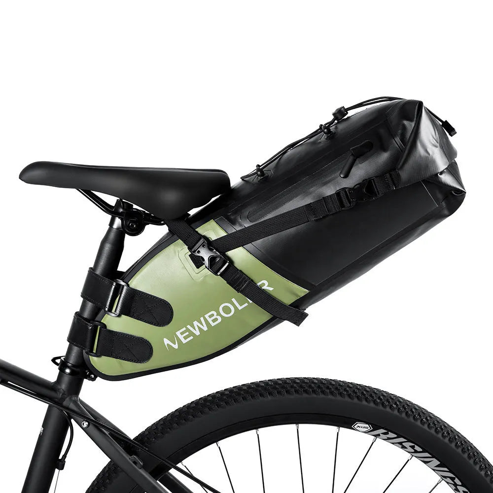 Yellow waterproof PVC cycling tail bag mounted on a bike saddle showing 13L capacity