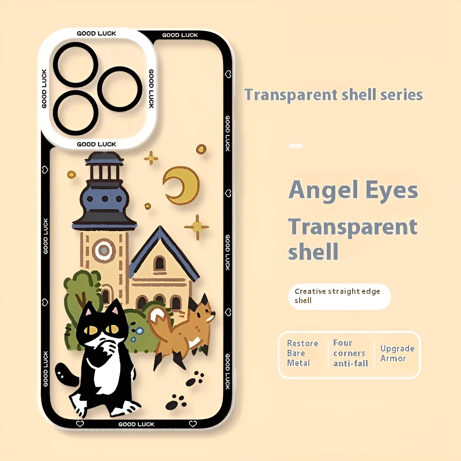 Drop-resistant silicone cat phone case with UV printed cartoon design for Apple iPhone transparent back