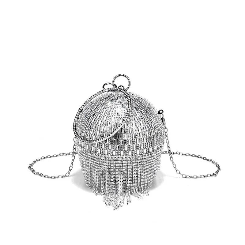 Shining rhinestone round tassel dinner bag in silver with polyester body and decorative tassel